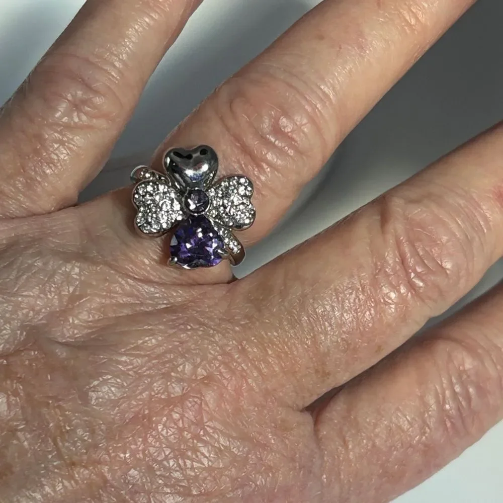 Silver and Purple Heart Clover Ring 9